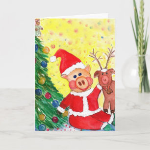 Baby Santa Piglet and Rein-pig by Christmas Tree Holiday Card