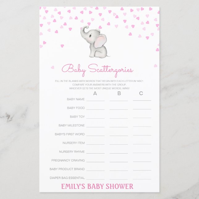 Baby Scattergories Baby Shower Game PRINTED (Front)