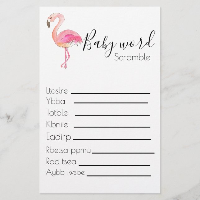 Baby scramble baby shower game flamingo (Front)