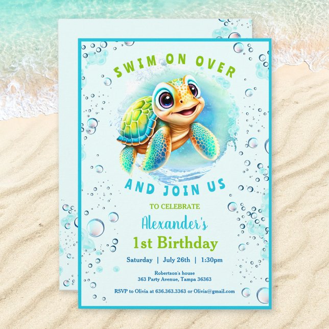 Baby Sea Turtle Boy Custom Age First Birthday  Invitation (Cute Sea Turtle Invitation For a Boy. If you need for a girl, just visit the store :) Kate Eden Art)
