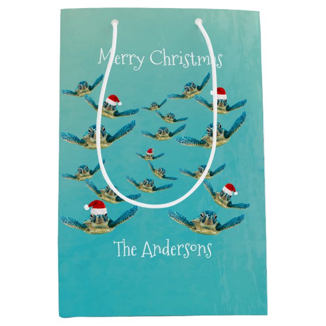 Baby Sea Turtle in Santa Hats Wrapping Paper Medium Gift Bag (Front)
