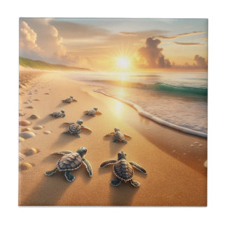 Baby Sea Turtles heading to the Ocean at the Beach Tile