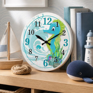Baby Seahorse Blue Kids Room Wall Clock