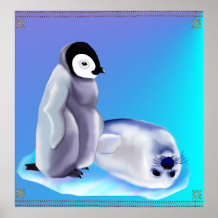 Baby Seal and Baby Penquin Poster