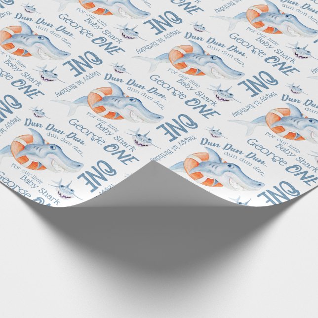 Baby shark 1st birthday custom watercolor art wrapping paper (Corner)