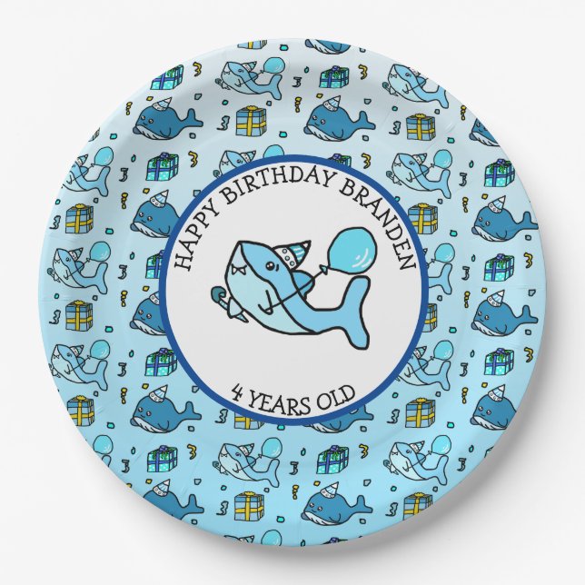 Baby Shark and Whales Personalized Boy's Birthday Paper Plate (Front)