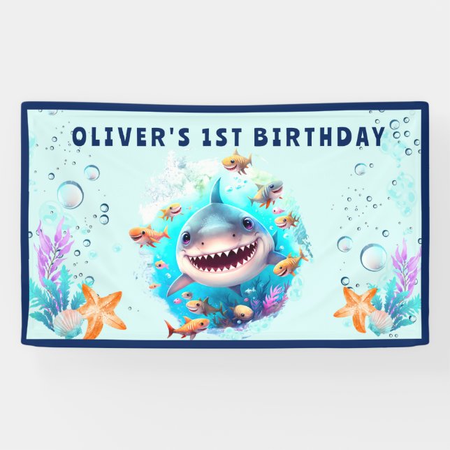 Baby Shark Boy First Birthday Party Banner (Horizontal)