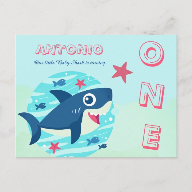 Baby shark first birthday cute under the sea blue invitation postcard (Front)