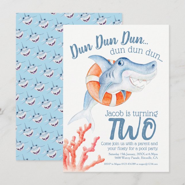 Baby shark swim lifesaver 2nd birthday party invitation (Front/Back)