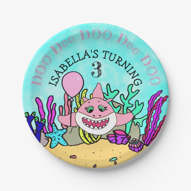 Baby Shark Teal Coral Birthday Party Paper Plate (Front)