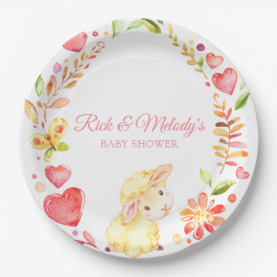 Baby Sheep / Lamb Pink and Yellow Girl Baby Shower Paper Plate