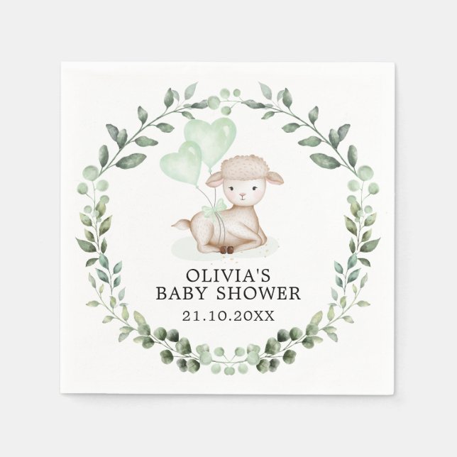 Baby Sheep Little Lamb Greenery Wreath Baby Shower Napkin (Front)