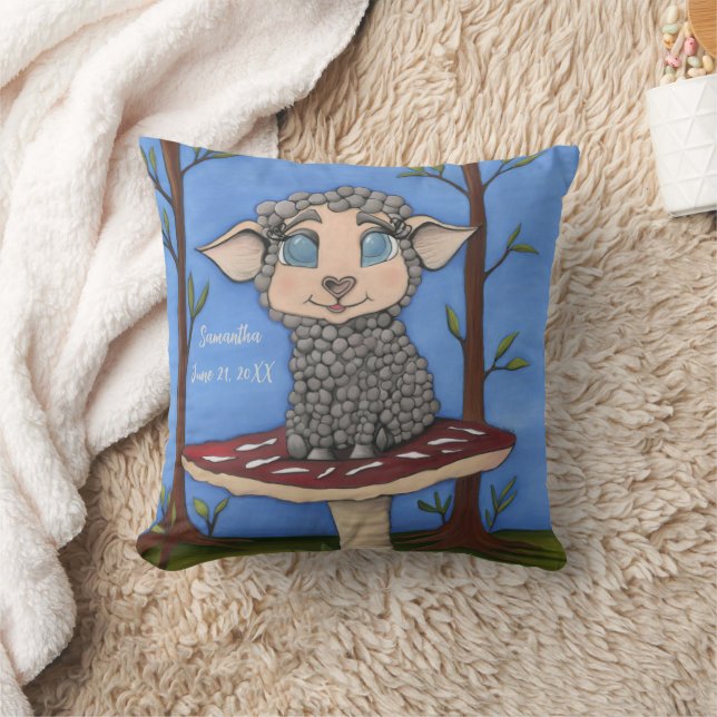 Baby Sheep on Toadstool Throw Pillow (Blanket)