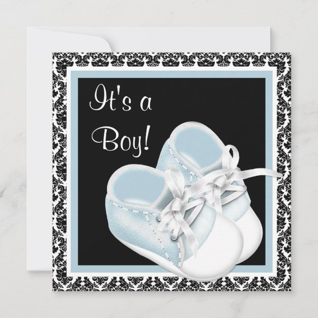 Baby Shoes Black and Blue Damask Baby Boy Shower Invitation (Front)