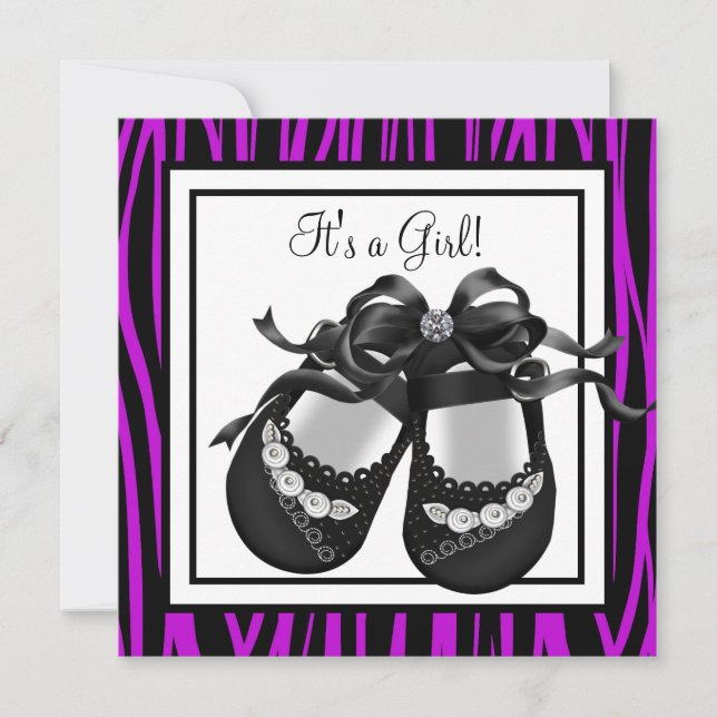 Baby Shoes Purple Zebra Baby Girl Shower Invitation (Front)
