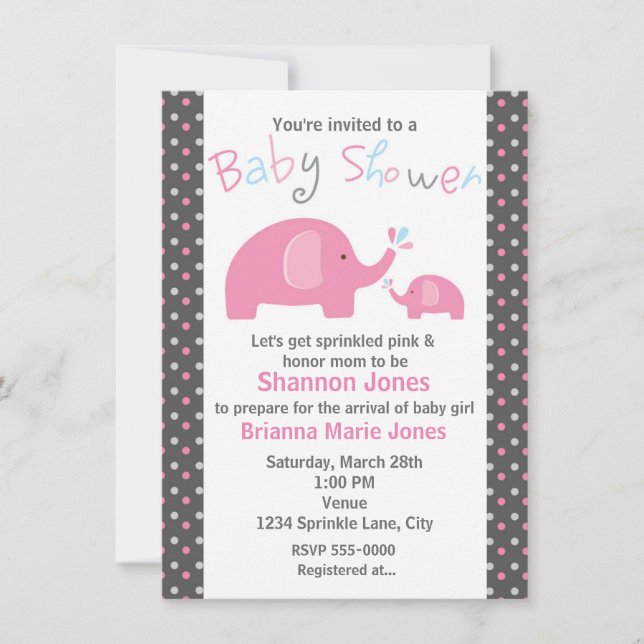 Baby Shower 2 Pink Elephants Polka Dot Invitation (Front)
