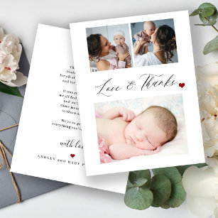 Baby shower 3 photo collage love and thanks script thank you card