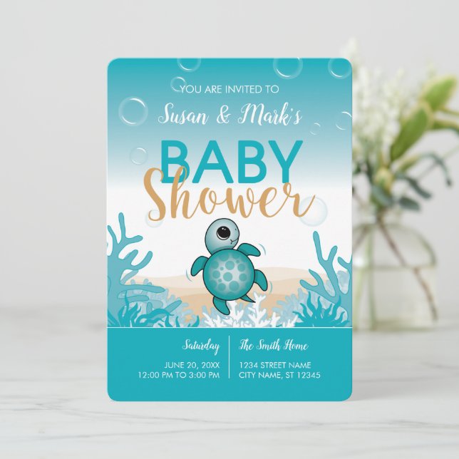 Baby shower à thème Tortue de mer Invitation (Debout devant)