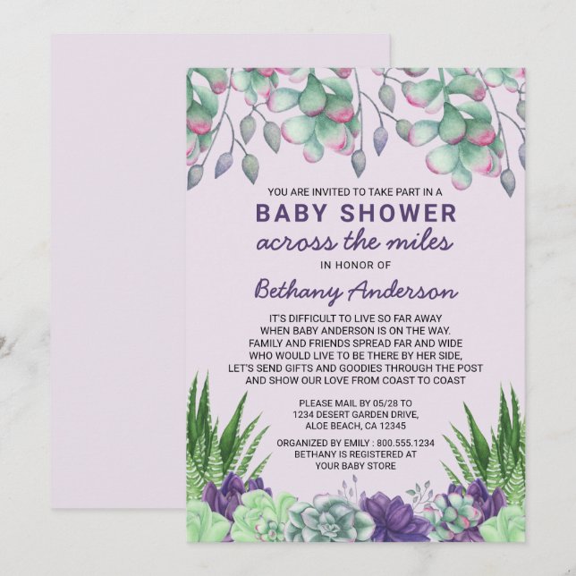 Baby Shower Across the Miles Watercolor Succulents Invitation (Front/Back)