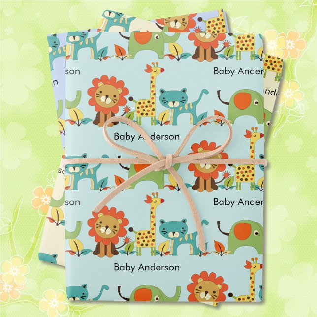 Baby Shower Add Name Lion Giraffe Elephant 3 Wrapping Paper Sheet (Creator Uploaded)