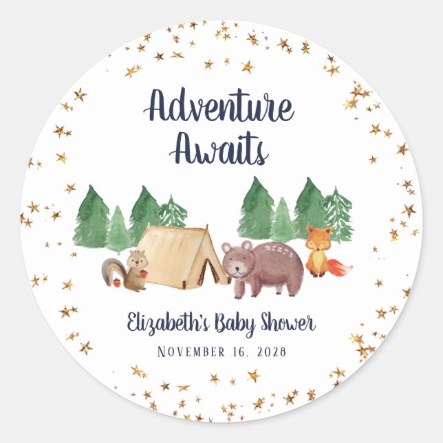 Baby Shower Adventure Awaits Woodland Animals Classic Round Sticker (Front)