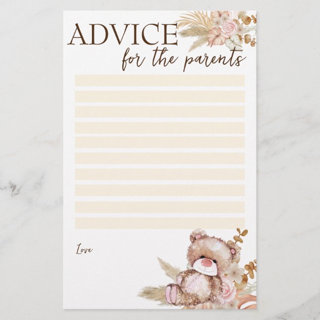 Baby shower advice for the parents teddy bear stationery (Front)