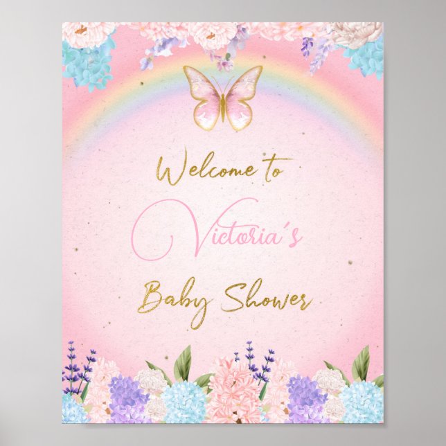 Baby shower Affiche de bienvenue, papillons arc-en (Devant)