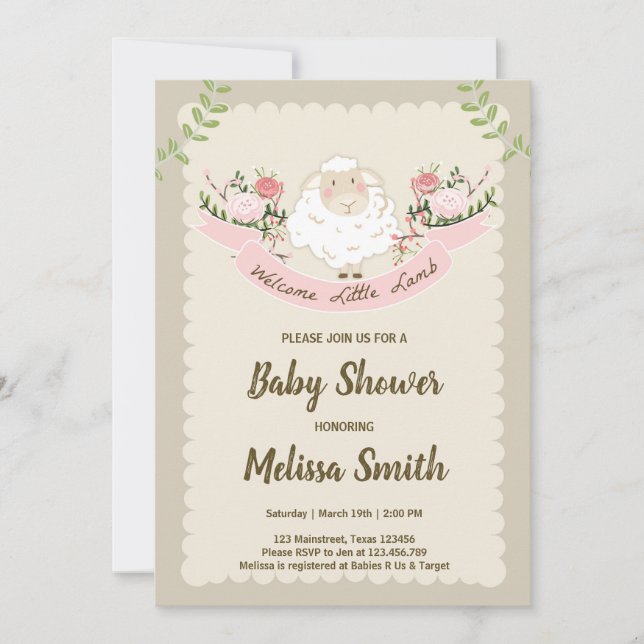 Baby shower agneau Invitation fille Ressort rose (Devant)