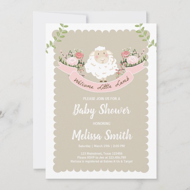 Baby shower agneau Invitation fille Ressort rose (Devant)