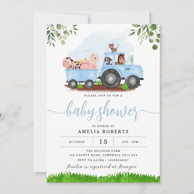 Baby shower agricole, Blue Tractor Invitation (Devant)