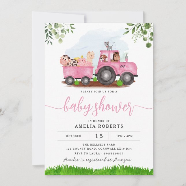 Baby shower agricole, Invitation de tracteur rose (Devant)