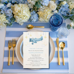Baby Shower Airplane Cloud Blue Stripes Modern  In Invitation