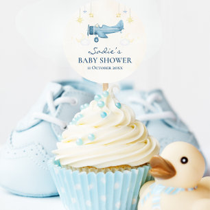 Baby Shower Airplane Clouds Stars Cute Blue Modern Classic Round Sticker
