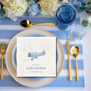 Baby Shower Airplane Clouds Stars Cute Blue Modern Napkin
