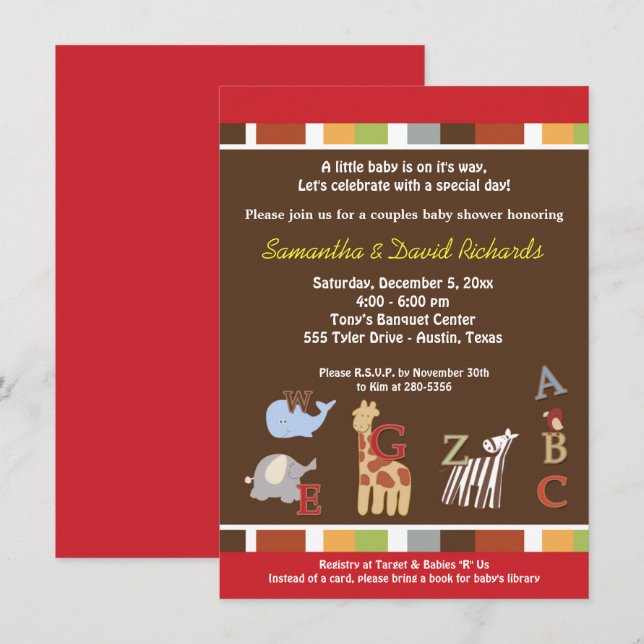 Baby shower Alphabet Jungle Invitation (Brown) (Devant / Derrière)