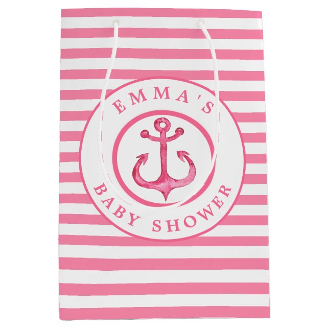 Baby shower Ancre rose nautique Sac cadeau rayé (Devant)