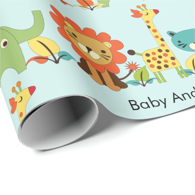 Baby Shower Animals Add Name Giraffe Lion Boy Girl Wrapping Paper (Roll Corner)