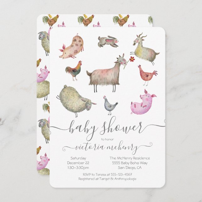 Baby shower Animaux de ferme Invitation (Devant / Derrière)
