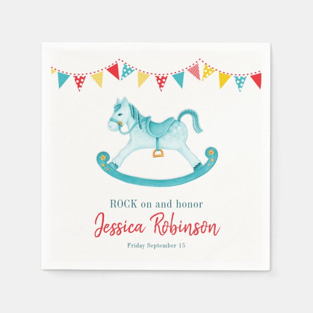 Baby shower aqua red rocking horse honouring name napkin (Front)