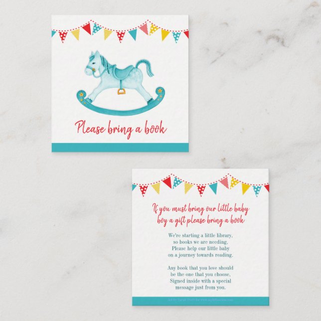 Baby shower aqua rocking horse book request cards (Front/Back)