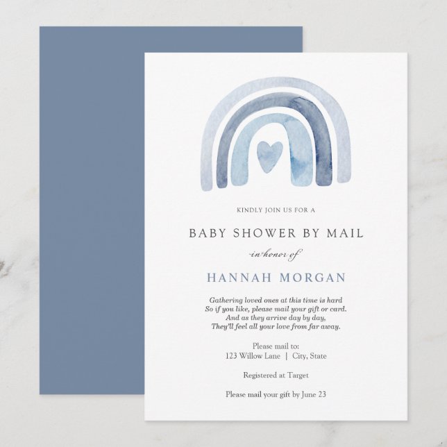 Baby shower arc-en-ciel bleu par invitation par co (Devant / Derrière)