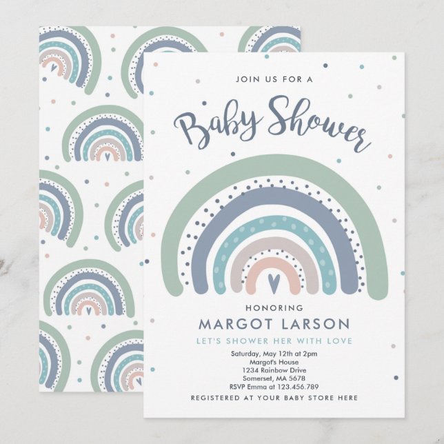Baby shower arc-en-ciel Invitation Muted Pastel Ra (Devant / Derrière)