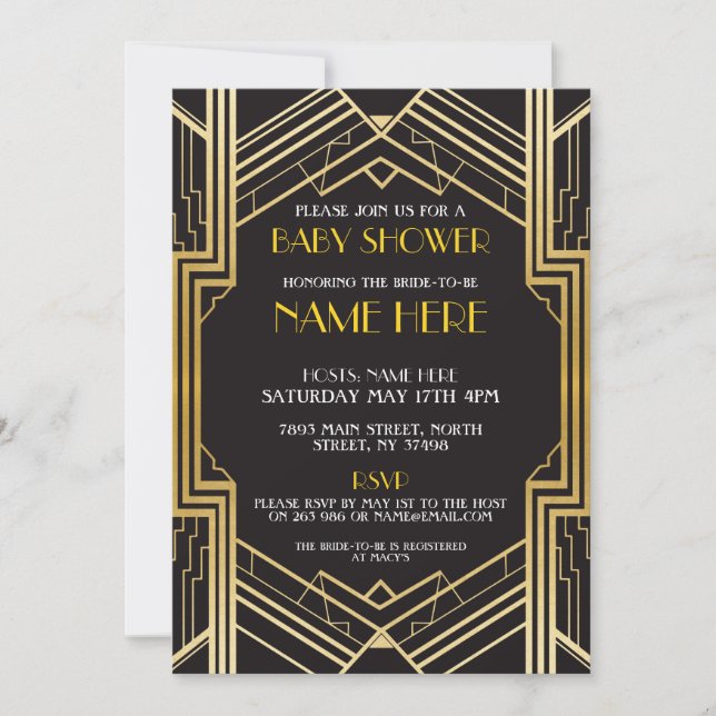 Baby Shower Art Deco 1920s Gold Gatsby Invite (Front)