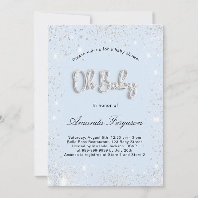 Baby Shower baby blue boy silver glitter dust Invitation (Front)