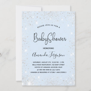 Baby Shower baby blue boy silver glitter Invitation