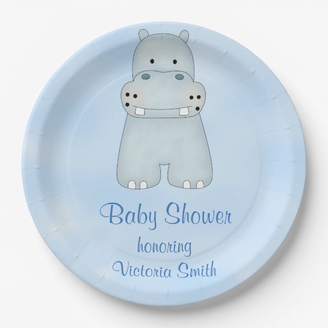 Baby Shower Baby Boy Blue Hippo Paper Plate (Front)