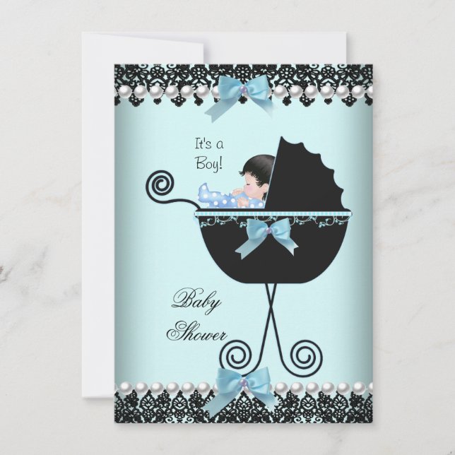 Baby Shower Baby Boy Blue Teal Black Lace 2 Invitation (Front)