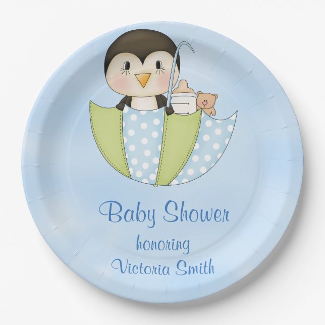 Baby Shower Baby Boy Penguin Paper Plate (Front)