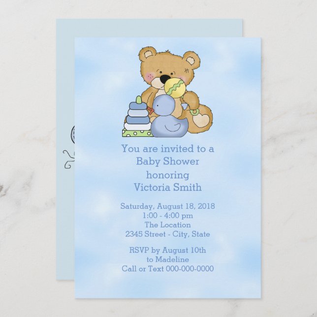 Baby Shower Baby Boy Teddy Bear Invitation (Front/Back)