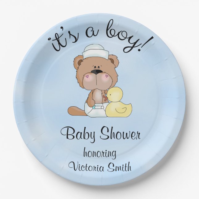 Baby Shower Baby Boy Teddy Bear Paper Plate (Front)